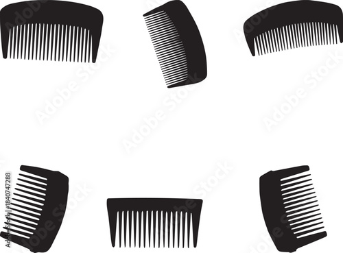 Collection of silhouette icons representing combs, showcasing different angles and perspectives on a transparent background