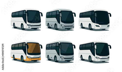 Bus collection, travel, transport vehicles, flat vector illustration