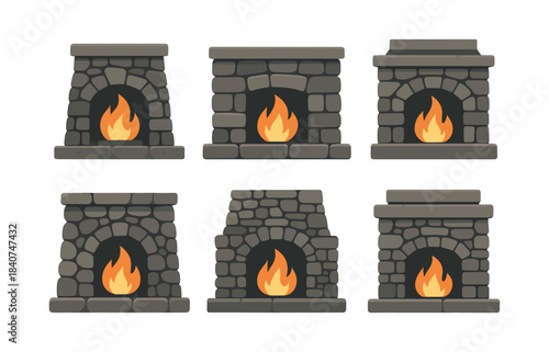 Cozy fireplace collection, stone mantels, fire flame, flat vector illustration
