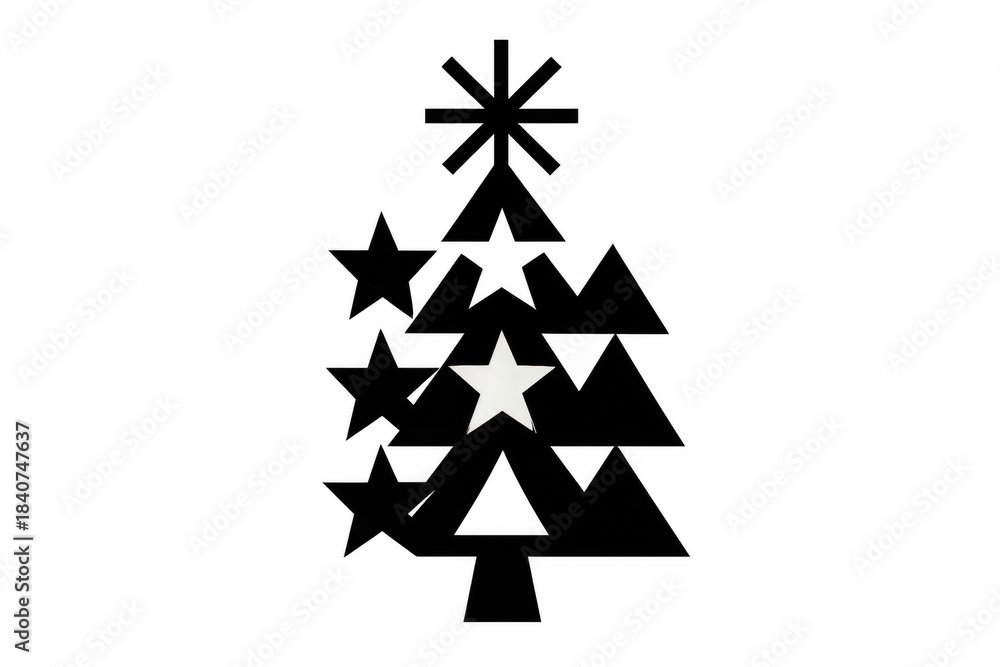 Obraz premium Minimalist black and white christmas tree icon presenting geometric stars and abstract festive holiday design