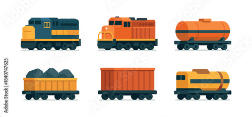 Freight train collection, wagons, locomotives, flat vector illustration