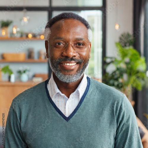 Collection of photos showing a smiling mature man in a modern living room, warm natural light, confident close-up portrait, relaxed expression, stylish home setting, authentic lifestyle mood.