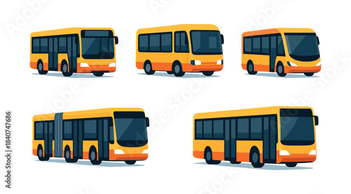 Urban bus collection, different designs, flat vector illustration, transportation