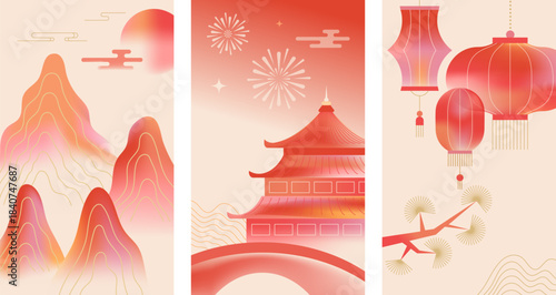 Minimalist Chinese watercolor vertical backgrounds with stylized mountains, pagoda and lanterns