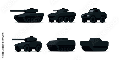 Military vehicles set, tanks, armored cars, flat vector illustration