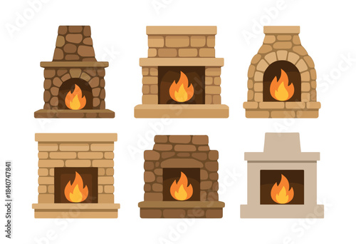 Fireplace collection, diverse mantels, cozy flames, flat vector illustration