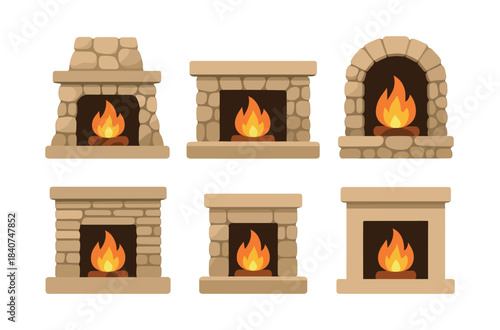 Fireplace collection, diverse mantels, cozy flames, flat vector illustration