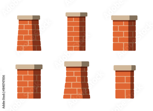 Stone chimney collection, flat vector illustration with fireplaces and masonry design