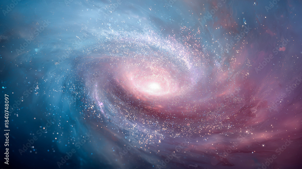 Fototapeta premium Vibrant spiral galaxy in deep outer space, featuring a bright center, and swirling arms of blue and pink nebula dust.