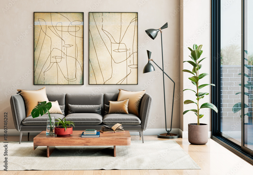 Naklejka premium Large luxury modern bright interiors Living room mockup illustration 3D rendering image