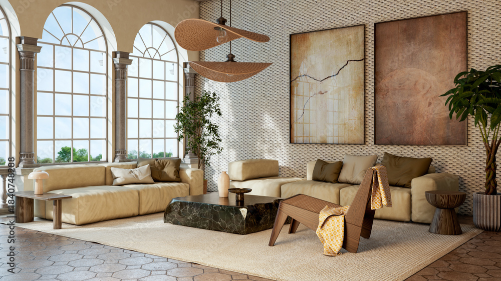 Obraz premium Large luxury modern bright interiors Living room mockup illustration 3D rendering image