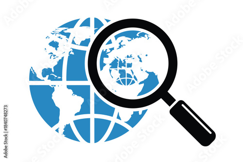 Magnifying glass over globe symbolizing global search and discovery