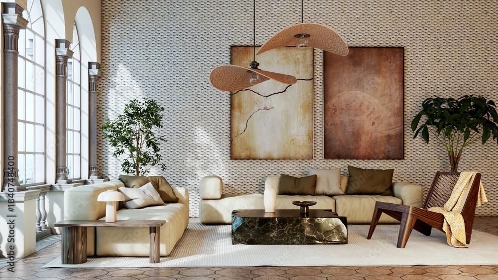 Naklejka premium Large luxury modern bright interiors Living room mockup illustration 3D rendering image