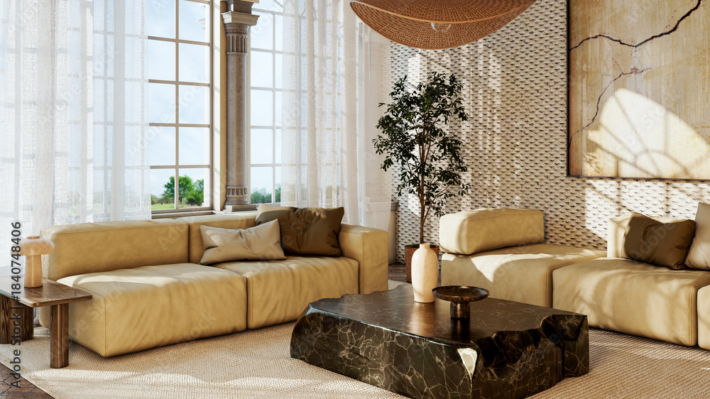 Naklejka premium Large luxury modern bright interiors Living room mockup illustration 3D rendering image