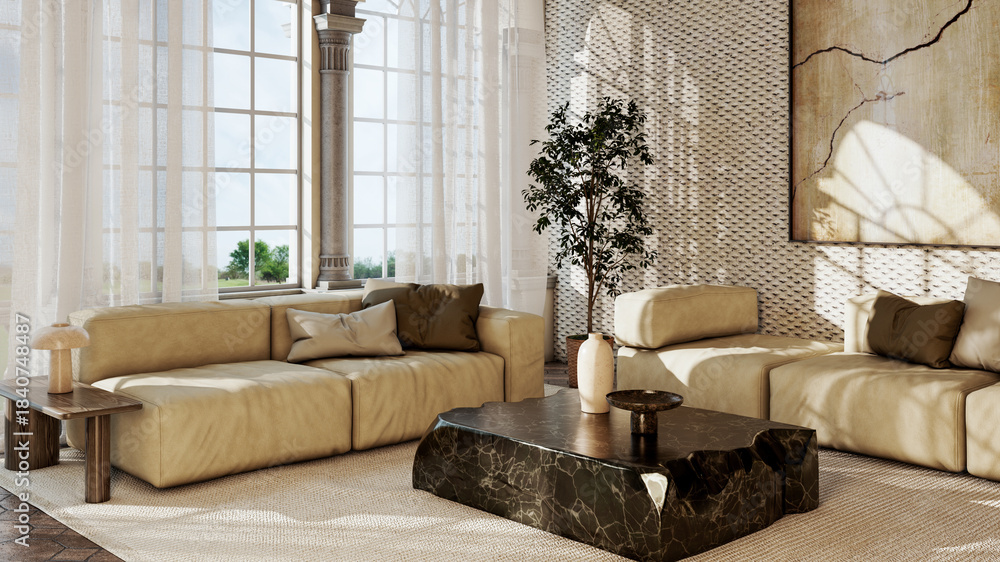 Naklejka premium Large luxury modern bright interiors Living room mockup illustration 3D rendering image