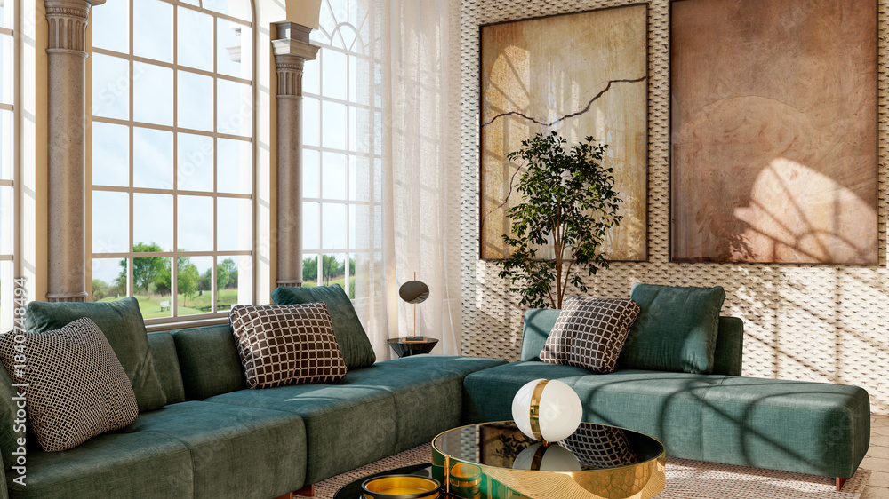 Naklejka premium Large luxury modern bright interiors Living room mockup illustration 3D rendering image