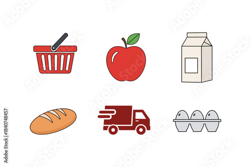 Grocery shopping and delivery icons for food items