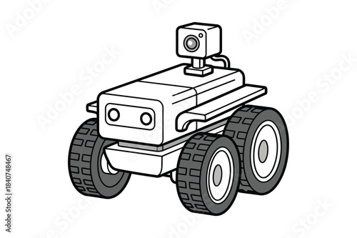 Line drawing of a four wheeled robot with a camera