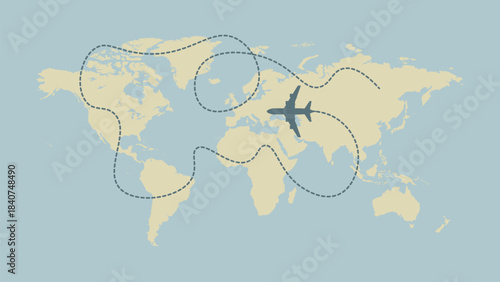 World Map with Airplane Route – Global Travel Concept, Flight Path Illustration for Tourism and Adventure