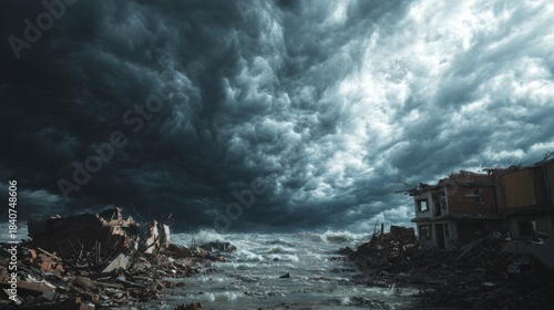 Devastating aftermath of a coastal storm, ravaged buildings and stormy sky