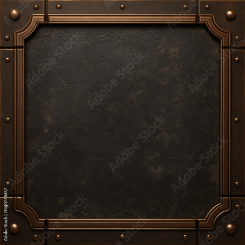 Dark graphite leather mockup with bronze metallic frame and rivets for steampunk book cover, game interface, or premium branding design