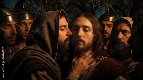 Judas kisses Jesus Christ in a dark religious betrayal scene, symbolizing faith, sacrifice, and a pivotal moment in scripture.