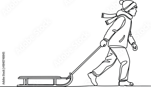 Child pulling sled in winter