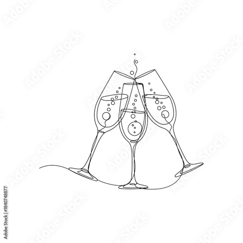 Celebration Cheers Sparkling Wine Glasses Line Art Vector