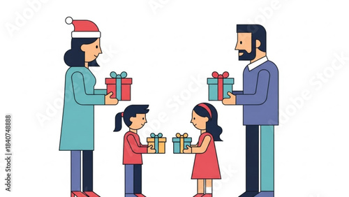 Happy family exchanging christmas presents with mother wearing santa hat and father with beard isolated on white background