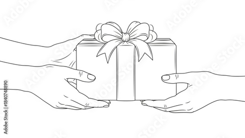 Two hands exchanging a beautifully wrapped gift box with a large bow symbolizing giving and receiving presents isolated on white background
