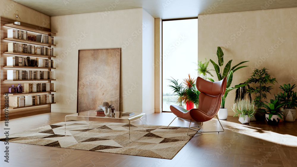 Naklejka premium Large luxury modern bright interiors Living room mockup illustration 3D rendering image