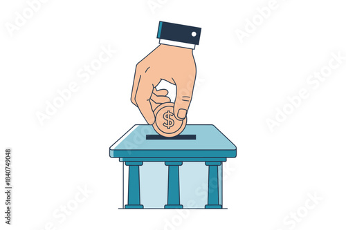 Hand drops coin into bank building slot