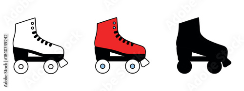 A sleek red roller skate, shown in three variations: outline, red design, and black silhouette. Representing movement, speed, and retro style.