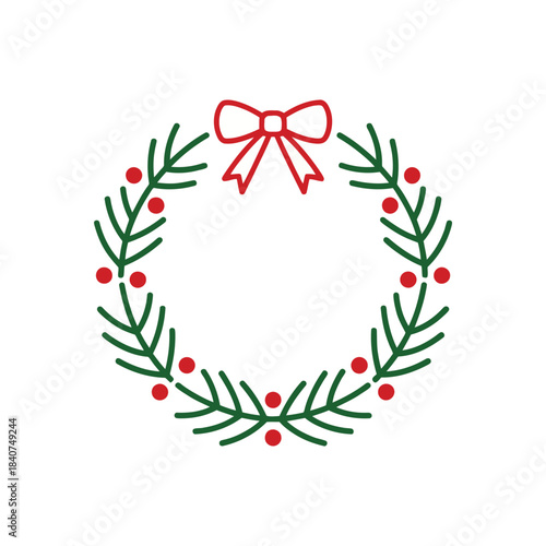 : A minimalist Christmas wreath with green pine branches, red berries, and a red bow