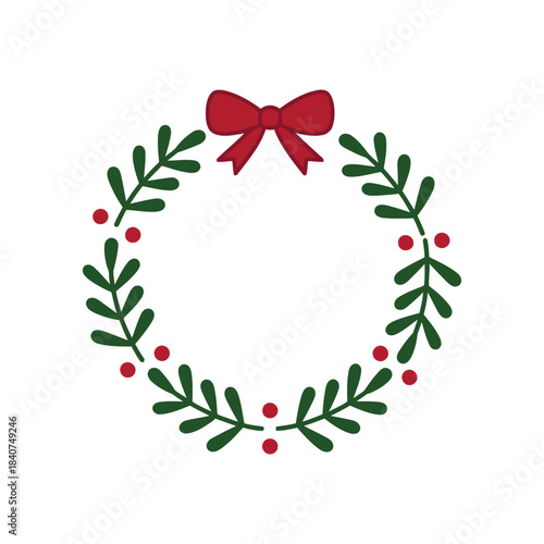 A simple and clean Christmas wreath illustration with red bow, pine branches, and berries.