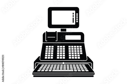 Vintage black and white silhouette of a cash register