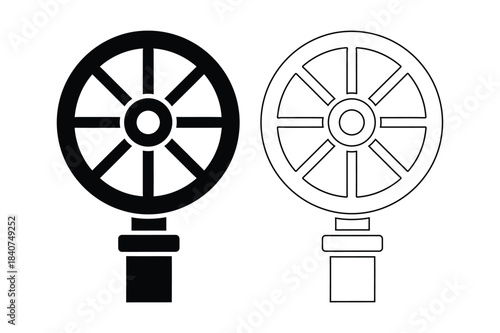 Two stylized illustrations of a ship s wheel
