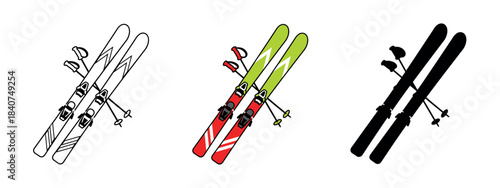 A set of red and green skis and poles, minimalistic vector design.