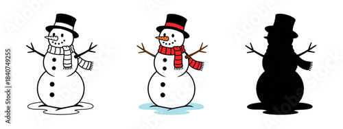 A black silhouette of a snowman with a hat, scarf, and stick arms