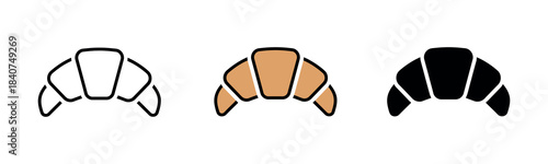 : A stylized croissant illustration, shown in three variations: line art, golden brown, and black silhouette.