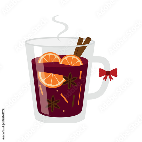 A cup of mulled wine with orange slices, cinnamon sticks, and spices, illustrated in a minimalist style.