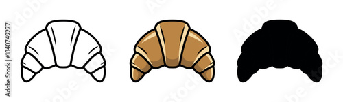 A croissant illustrated in three styles: outline, baked, and black silhouette, showcasing the texture and shape.