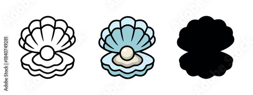 : A stylized oyster shell with a pearl inside, shown in three variations: outline, blue, and black. Representing luxury and marine life.