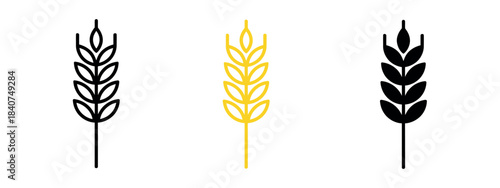 A simple wheat stalk illustration, shown in black, yellow, and black silhouette styles, in a minimalist vector design.
