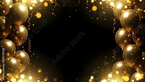 Celebration with golden balloons and confetti on black background