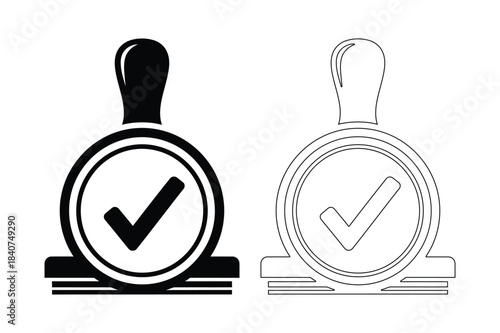 Two stamp icons one solid black and one sketchy with checkmarks