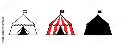 : A vibrant circus tent with a flag, shown in three variations: outline, red and white stripes, and black silhouette. Symbolizing entertainment and festivities.
