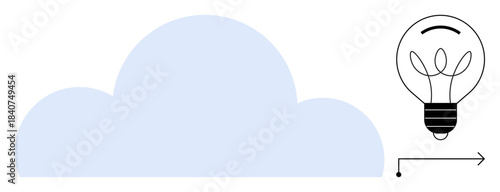 Cloud technology, innovative thinking, data storage, creative solutions, digital transformation, modern tech. Light blue cloud and minimalistic light bulb symbol. Cloud technology and innovative