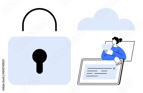 Cybersecurity concept. Cybersecurity ensures secure cloud data management with a lock symbol and user interaction. Cybersecurity aids in data safety, privacy, and protection. Broad usage tech