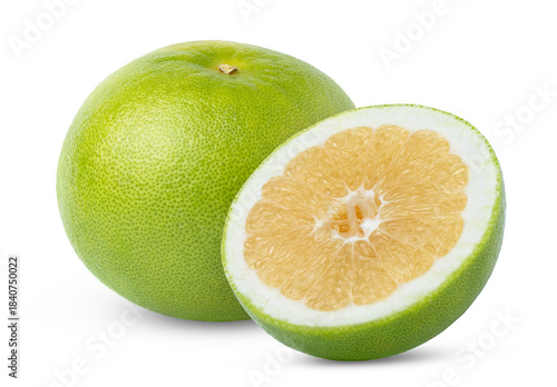 Citrus sweetie or Pomelit, pomelo, oroblanco fruit with half isolated. Fresh green grapefruit sweetie with half of grapefruit sweetie with clipping path.